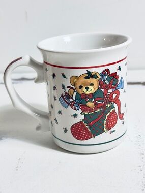 Vintage 80’s Christmas mug Festive Teddy Bear Christmas Stocking Mug